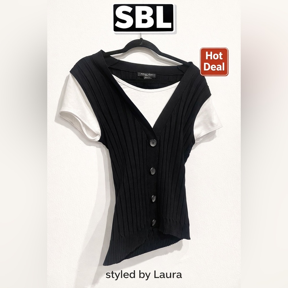 August Silk Knits Ribbed Vest Top Size L | Faux Button Stretch Knit